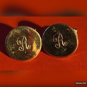 Mens Cuff Links Silver Tone Round Inscribed Letter R  3/4”